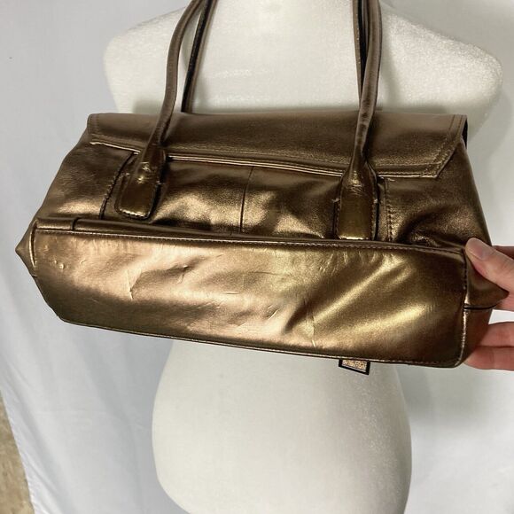 Gianni Bernini Shoulder Bag Bronze Metallic Leather Purse Snap Closure Classic - Picture 6 of 12